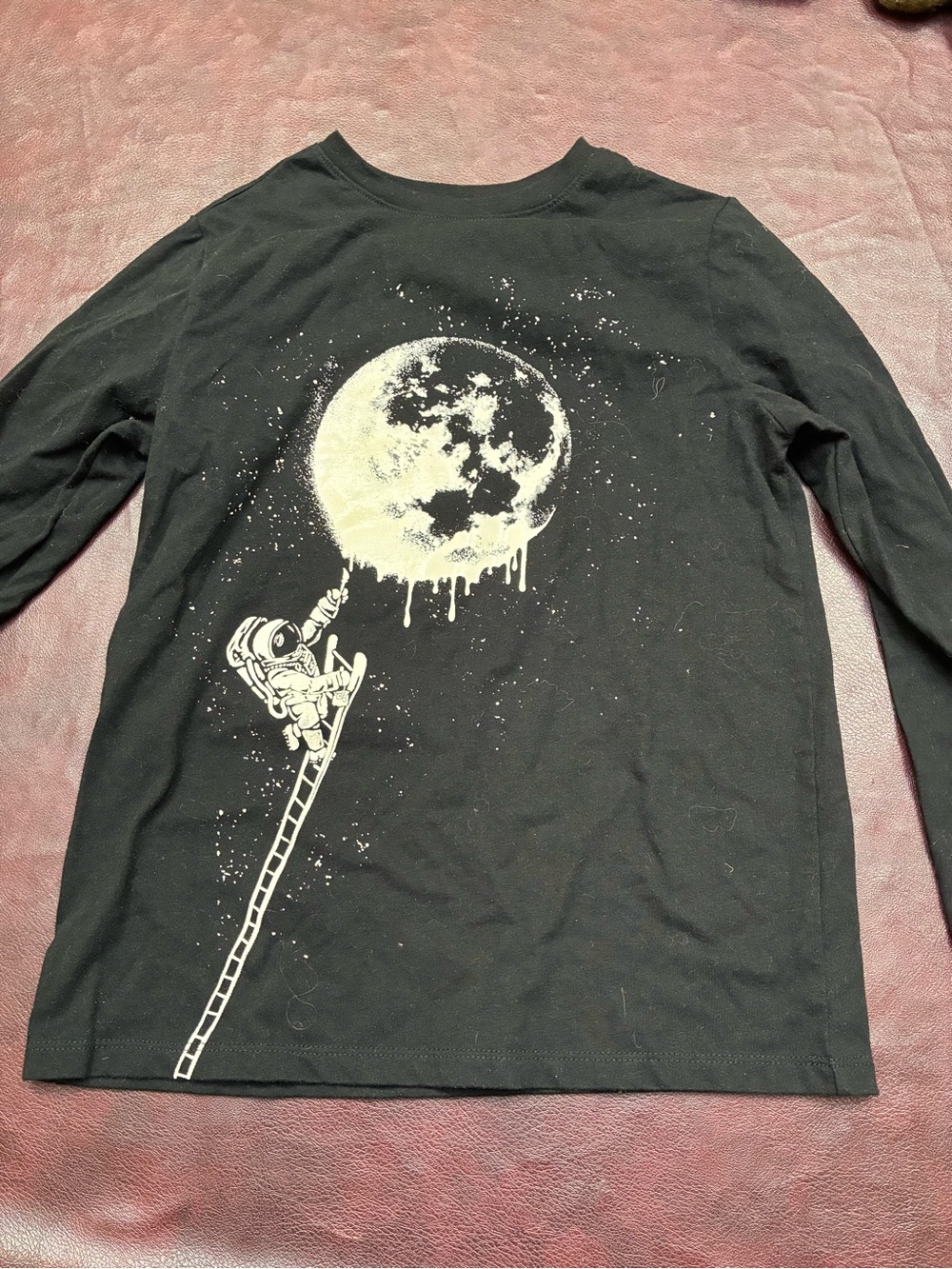Black Long Sleeve Graphic Tee with Astronaut & Moon Print